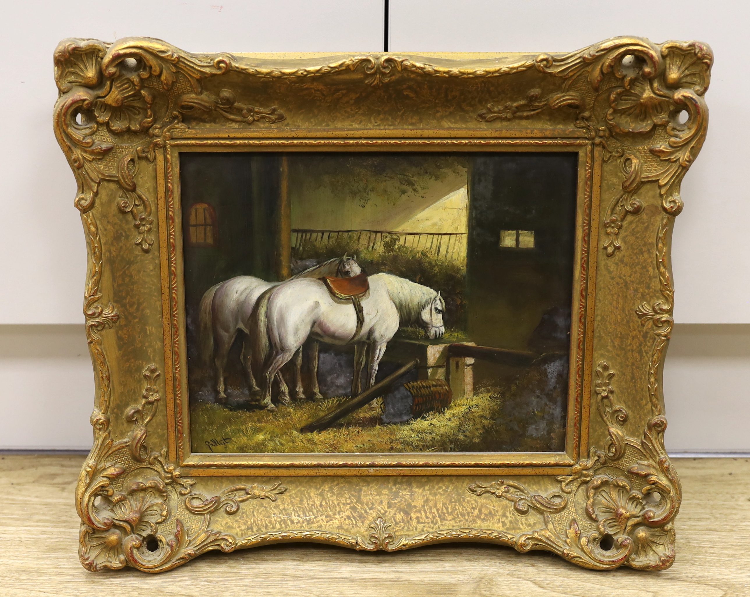 Dutch School, oil on board, Two horses in a stable, indistinctly signed, G.V Wist?, 23 x 29cm, ornate gilt frame